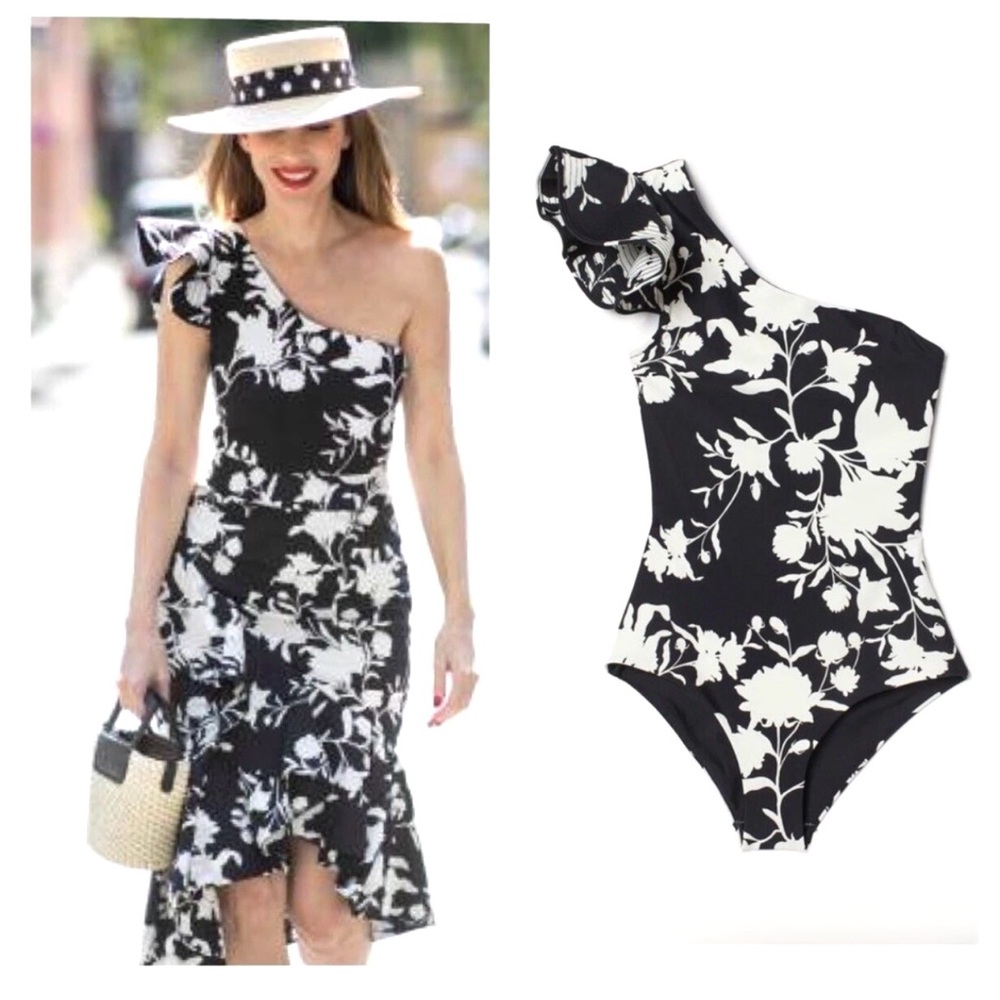 Johanna Ortiz Designer H&M One Shoulder Black&White Swimsuit & Skirt Set Size L